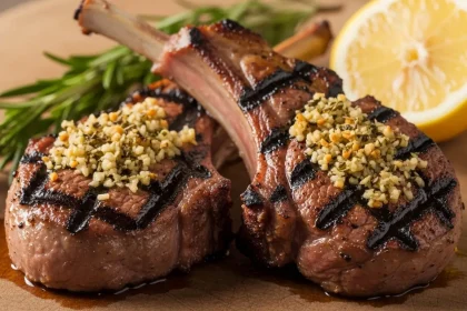 Close-up of perfectly grilled lamb chops with rosemary garlic crust on a wooden board.