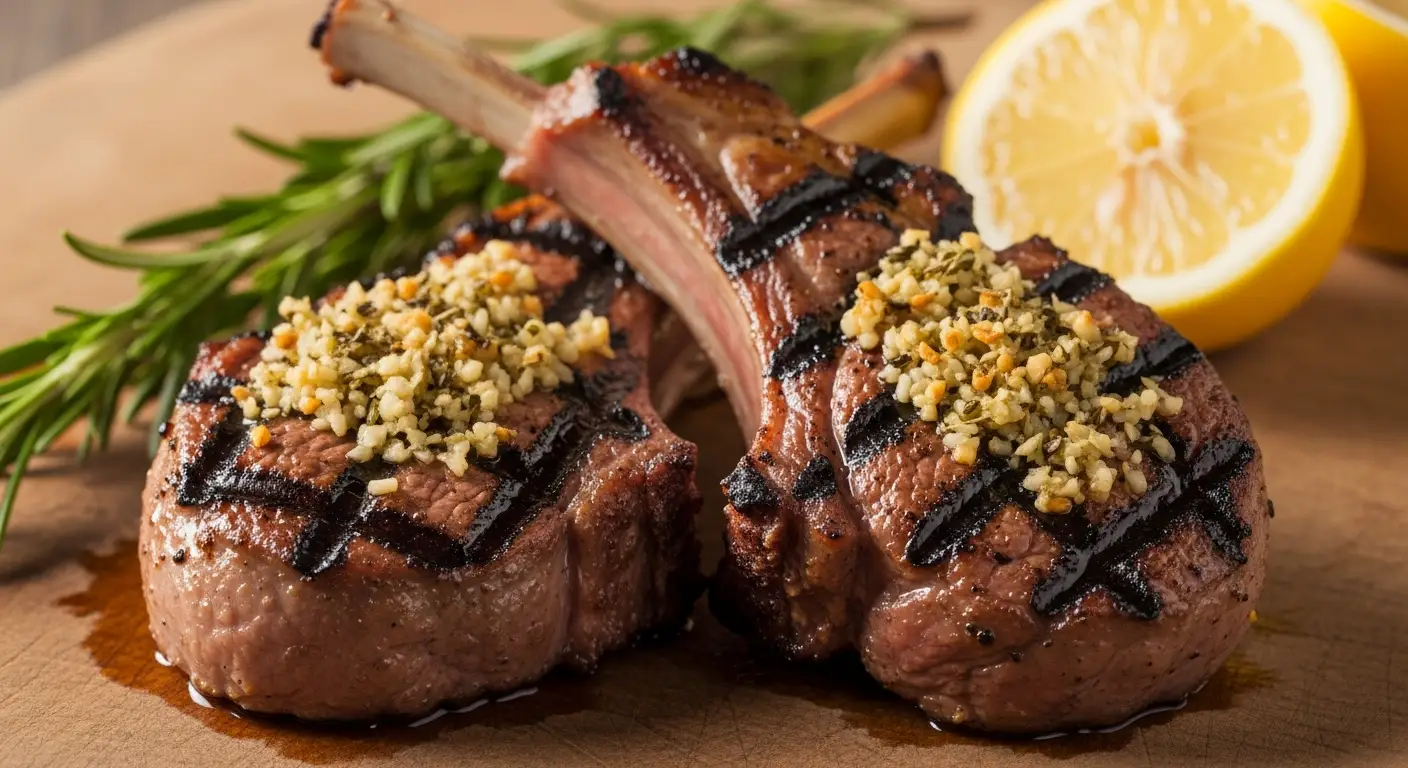 Close-up of perfectly grilled lamb chops with rosemary garlic crust on a wooden board.