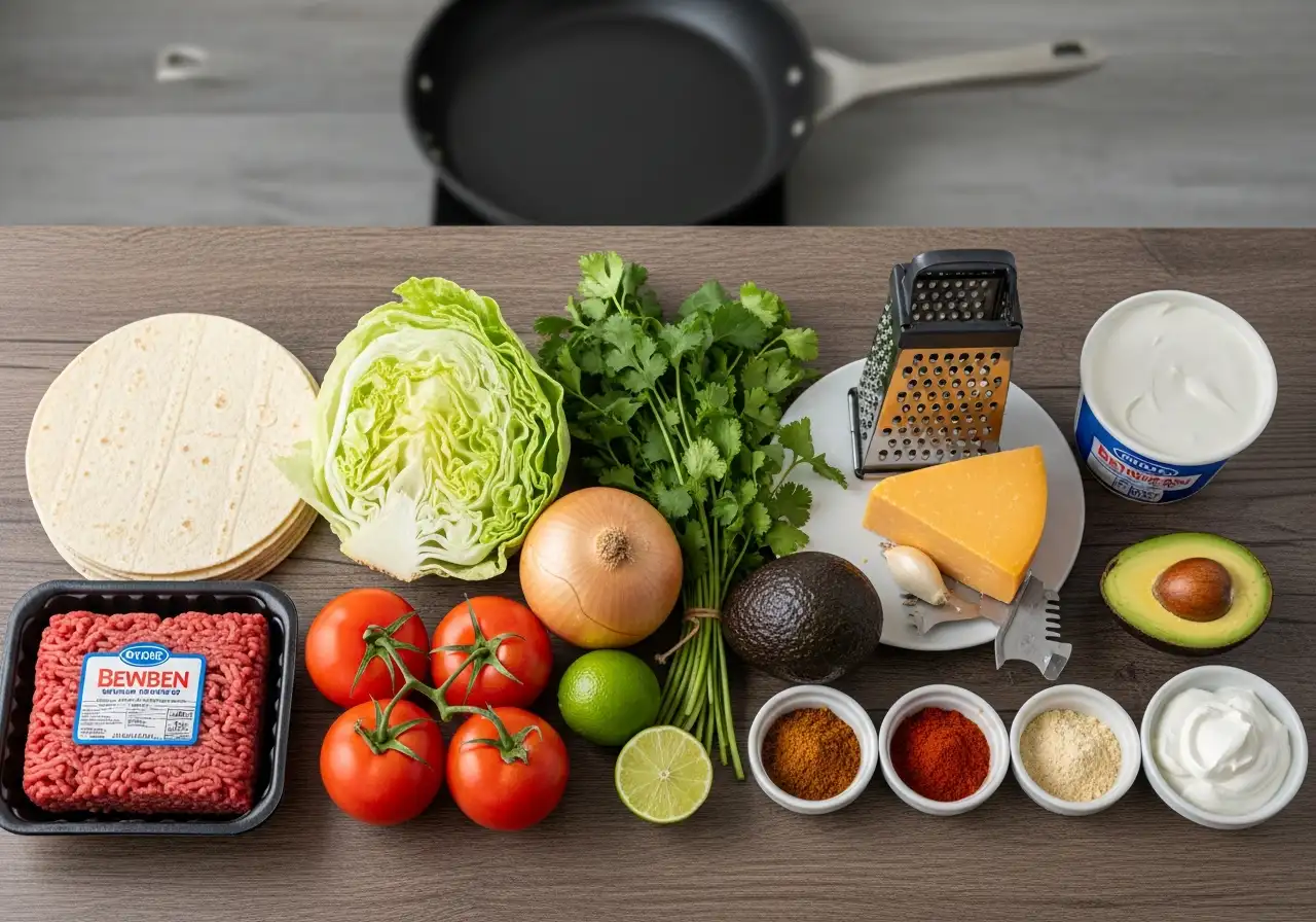 Ingredients for beef tacos: ground beef, tortillas, vegetables, cheese, and spices.