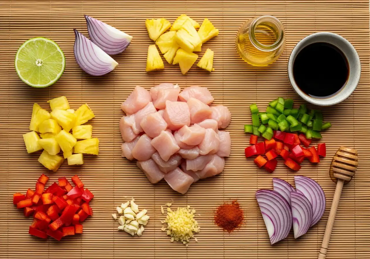 Ingredients for Hawaiian chicken kabobs including chicken, pineapple, bell peppers, soy sauce, honey, lime, garlic, and ginger.