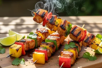 Juicy grilled Hawaiian chicken kabobs with caramelized pineapple and bell peppers on skewers, fresh off the grill.