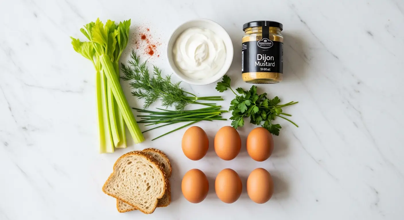 Fresh ingredients for egg salad sandwich: eggs, Greek yogurt, herbs, celery, and whole grain bread.
