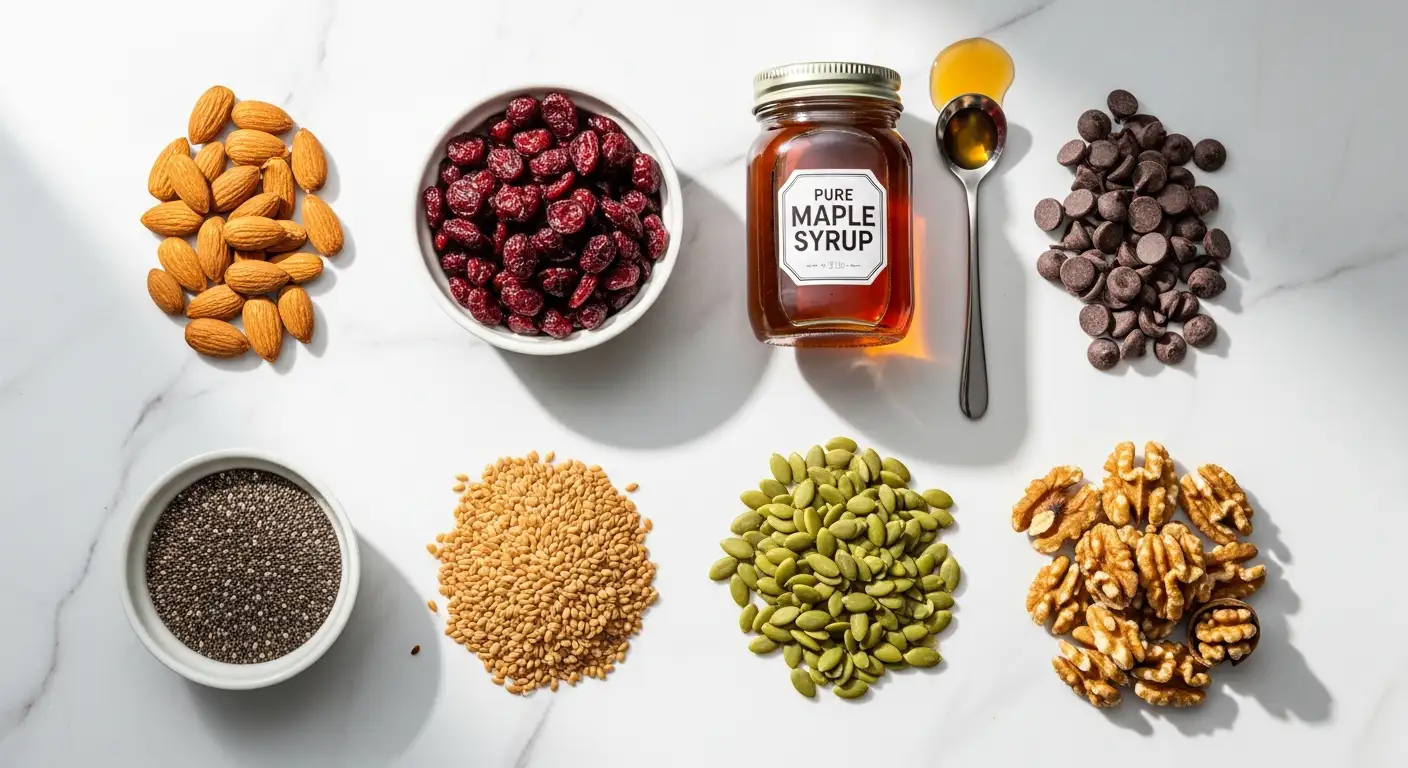 Raw ingredients for protein trail mix including almonds, walnuts, dried fruit, seeds, and chocolate.