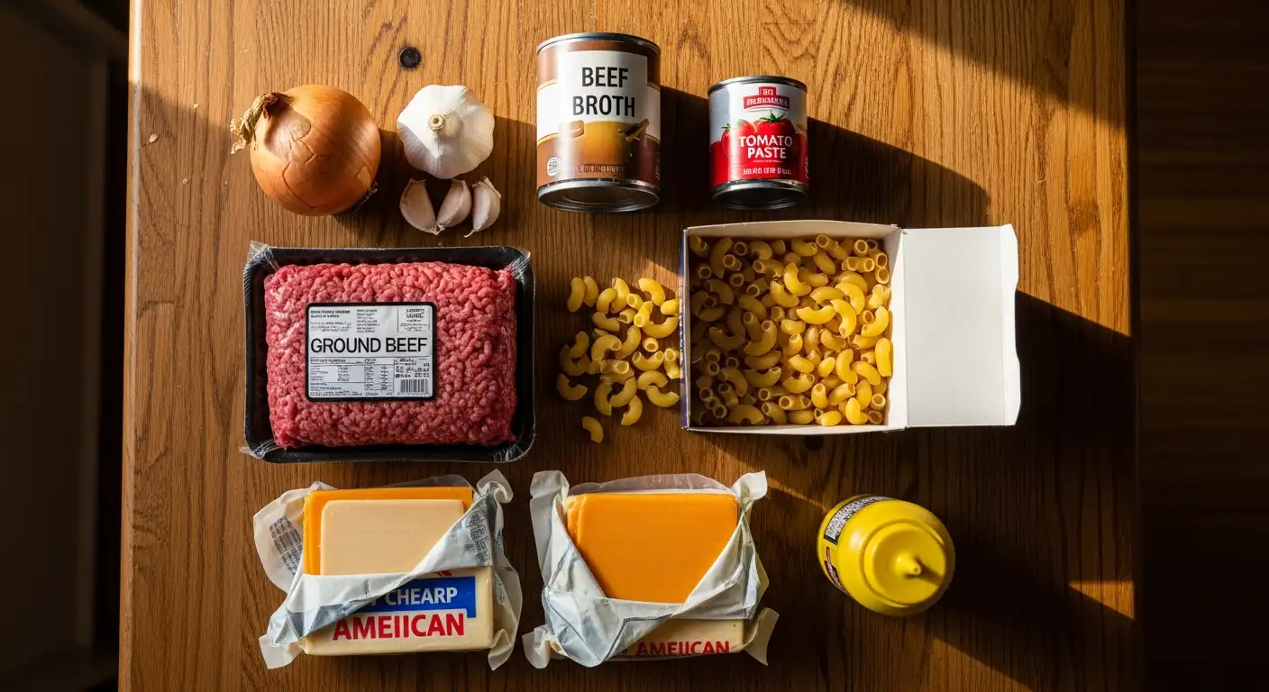 Ingredients for cheeseburger pasta: ground beef, pasta, cheese, onion, and broth.