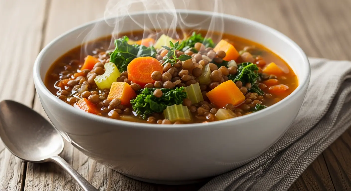 Close-up of a rustic bowl filled with thick, chunky vegan lentil and vegetable soup with kale and carrots.