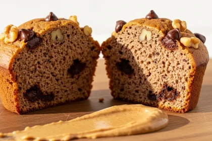 High-protein muffin split open showing banana, chocolate chips, and walnuts inside.