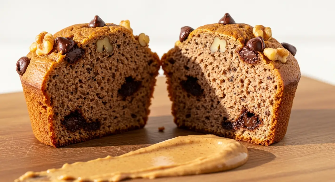 High-protein muffin split open showing banana, chocolate chips, and walnuts inside.