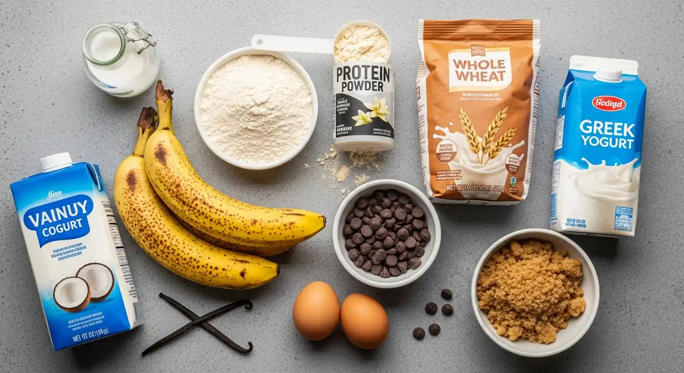 Ingredients for protein muffins: bananas, protein powder, Greek yogurt, chocolate chips, and flour.