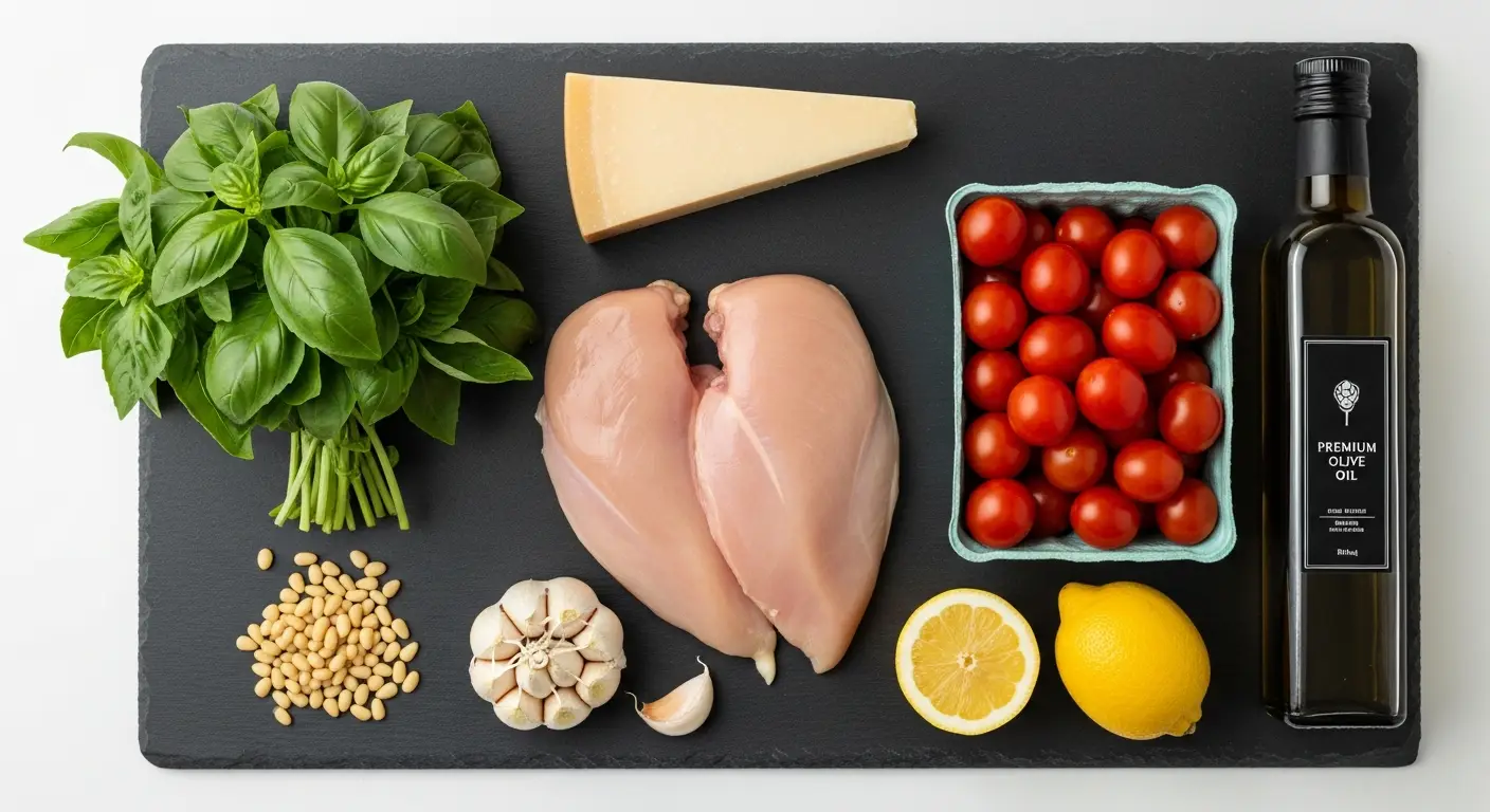 Fresh ingredients for pesto chicken: chicken breast, basil, pine nuts, cherry tomatoes, and olive oil.