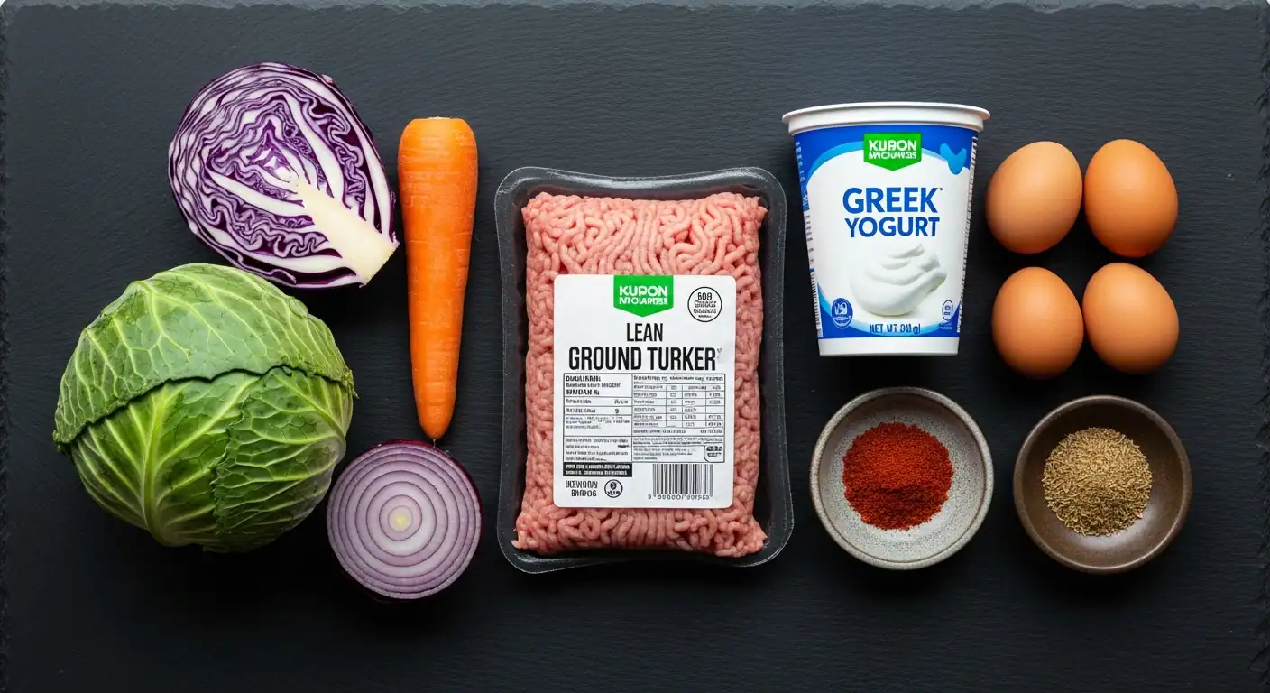Ingredients for turkey burgers and coleslaw: ground turkey, cabbage, Greek yogurt, and spices.