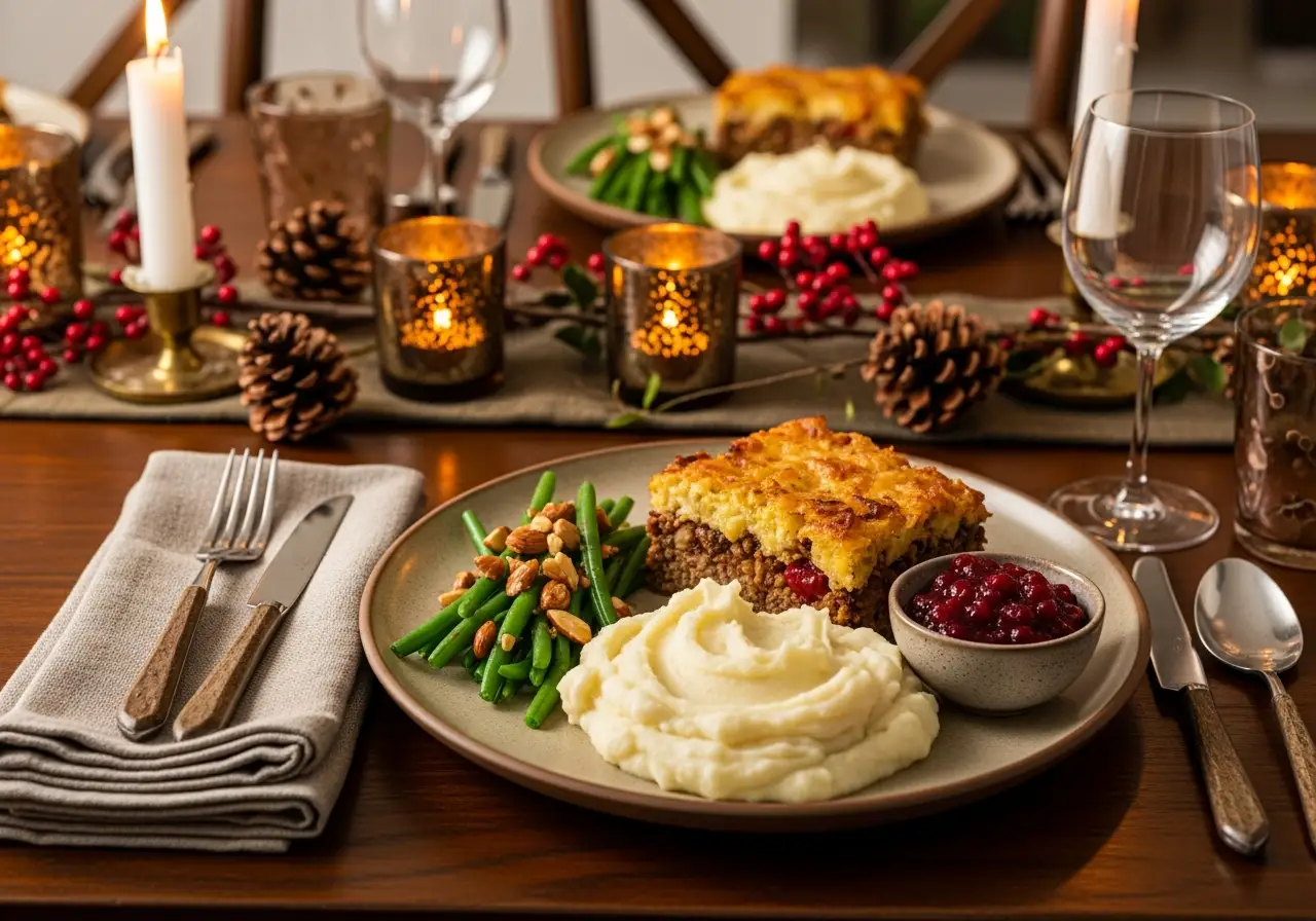 A served plate of turkey stuffing casserole with mashed potatoes, green beans, and cranberry sauce.