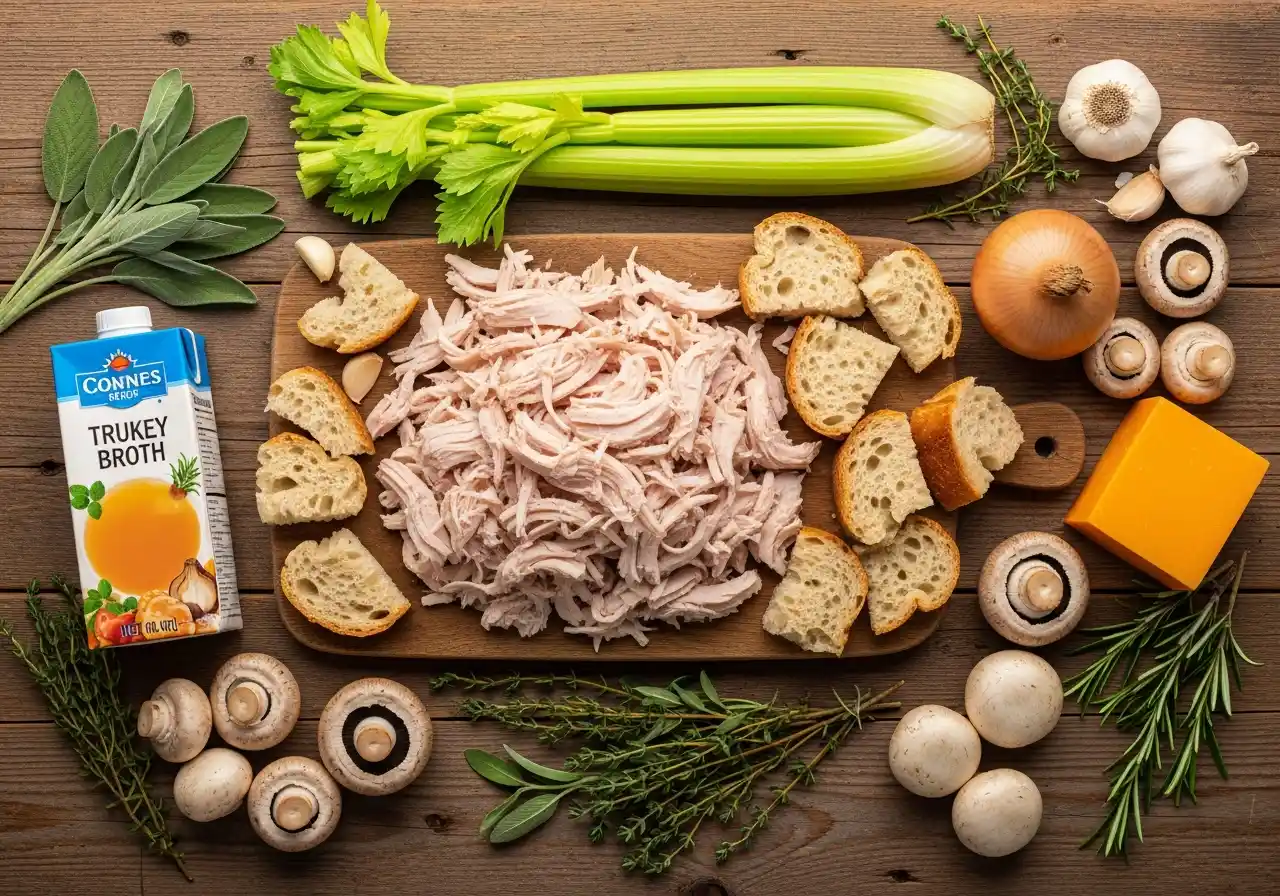 Ingredients for turkey stuffing casserole: turkey, bread, herbs, vegetables, and cheese.