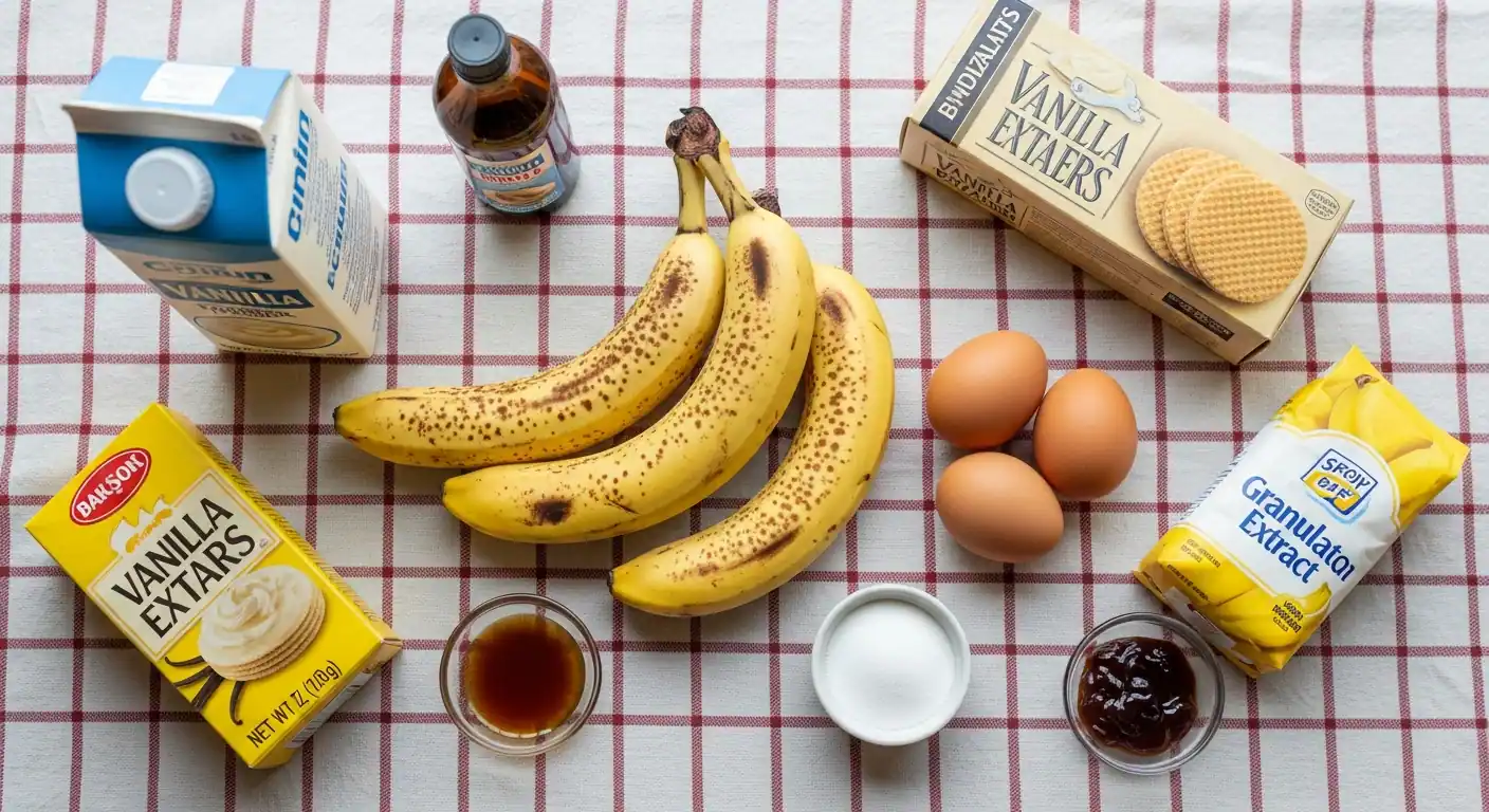 Ingredients for banana pudding ice cream: ripe bananas, vanilla wafers, cream, and sugar.
