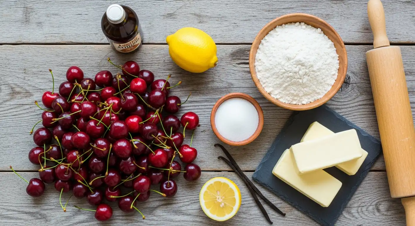 Fresh ingredients for cherry pie: cherries, flour, butter, sugar, and vanilla on a wooden table.