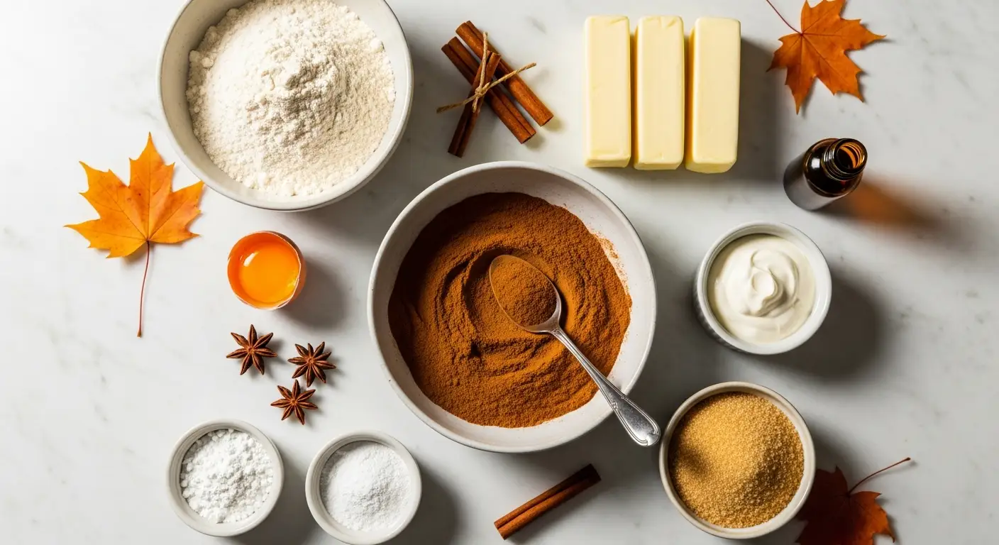 Ingredients for cinnamon roll cookies including flour, butter, brown sugar, cinnamon, and sour cream.