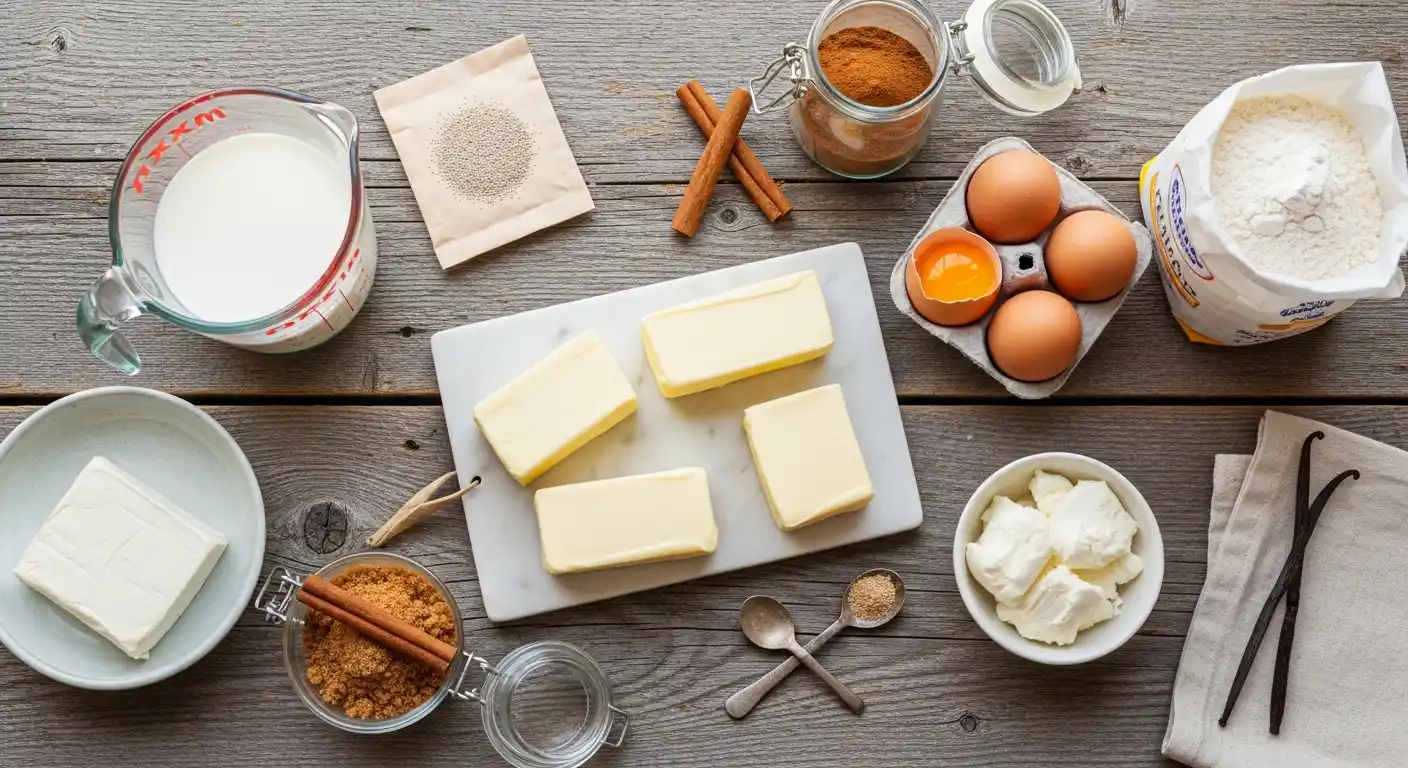 Ingredients for cinnamon rolls and icing: flour, yeast, butter, cinnamon, sugar, and cream cheese.