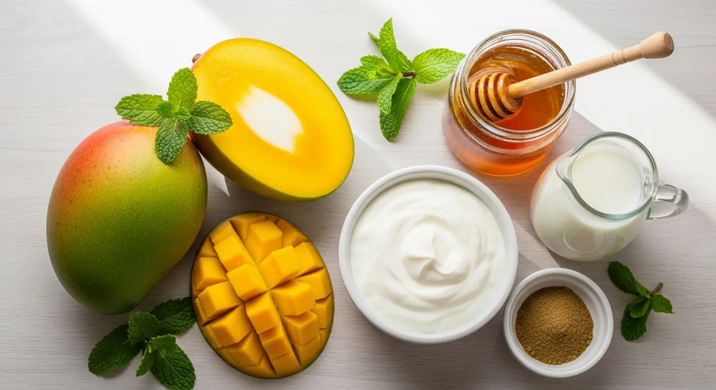 Fresh ingredients to make mango lassi: ripe mangoes, yogurt, milk, honey, cardamom, and mint.

