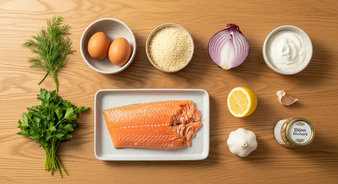 Flat-lay of ingredients for salmon patties and dill sauce: salmon, panko, herbs, lemon, yogurt, and eggs.