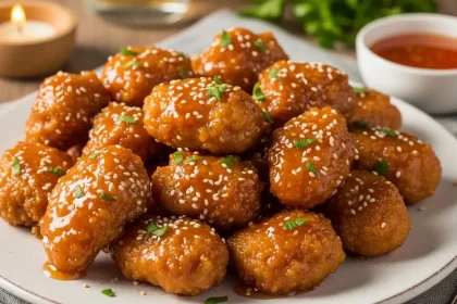 Crispy golden honey butter chicken pieces glistening with sweet glaze, garnished with fresh parsley and sesame seeds on a rustic plate.