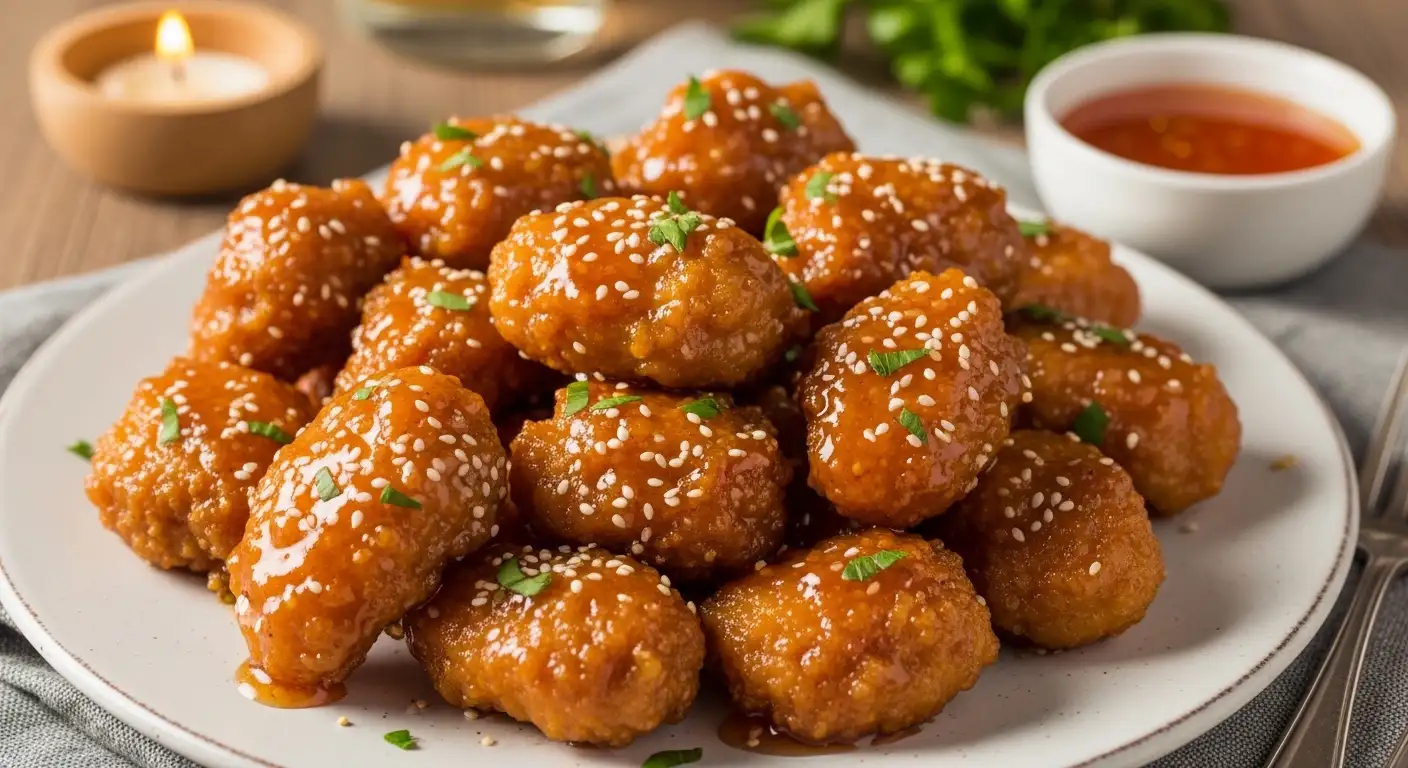 Crispy golden honey butter chicken pieces glistening with sweet glaze, garnished with fresh parsley and sesame seeds on a rustic plate.