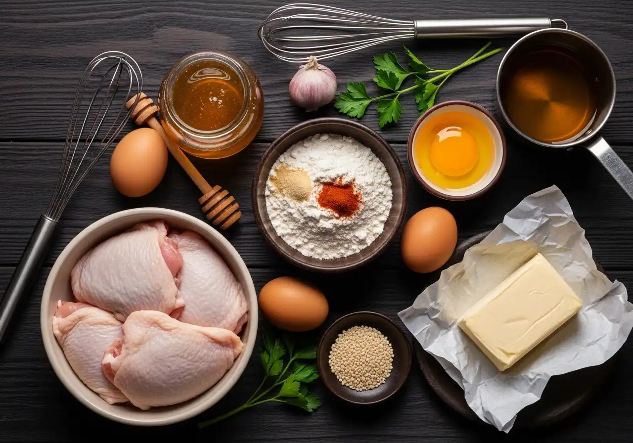 Ingredients for honey butter chicken: raw chicken thighs, flour, eggs, honey, butter, garlic powder, paprika, and parsley.