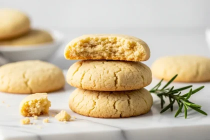 Stack of golden keto almond flour shortbread cookies, one broken to show crumbly texture.