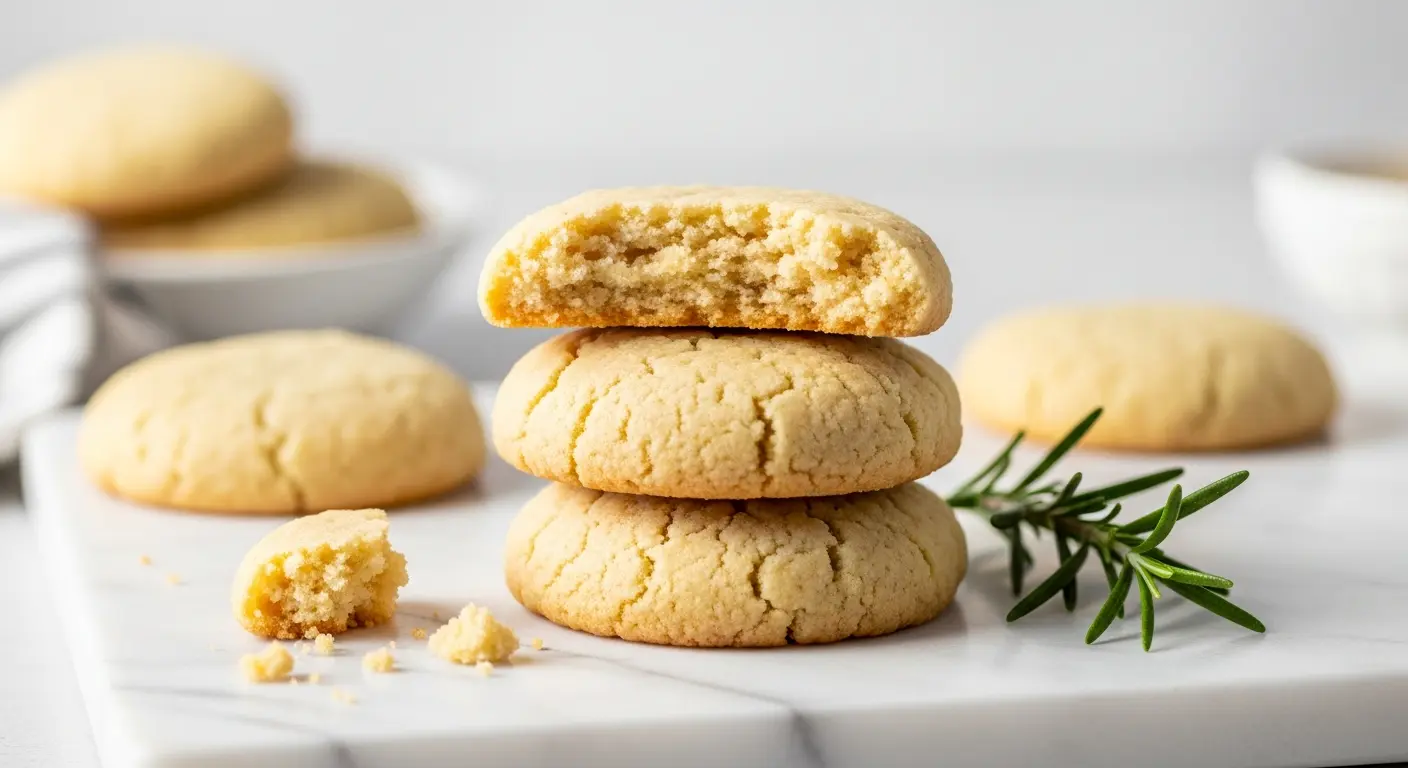 Stack of golden keto almond flour shortbread cookies, one broken to show crumbly texture.
