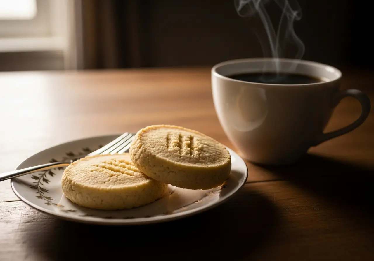 Keto shortbread cookies served on a saucer with a cup of coffee as a low-carb snack.