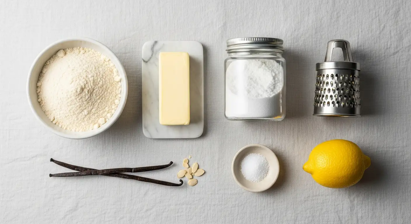 Low-carb ingredients for keto shortbread: almond flour, erythritol, butter, and vanilla