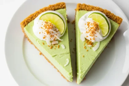 Vibrant slice of key lime pie made with an avocado base, topped with whipped cream, lime, and toasted coconut on a graham cracker crust.