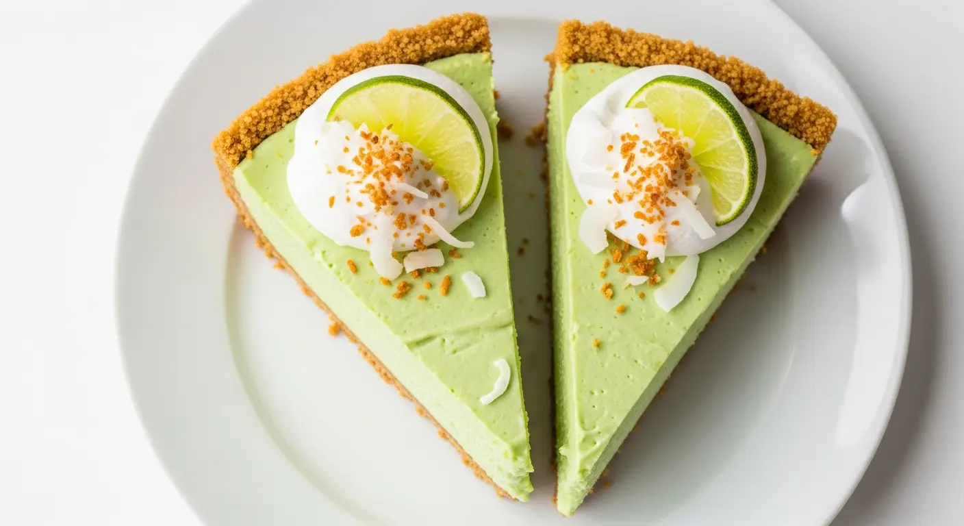 Vibrant slice of key lime pie made with an avocado base, topped with whipped cream, lime, and toasted coconut on a graham cracker crust.
