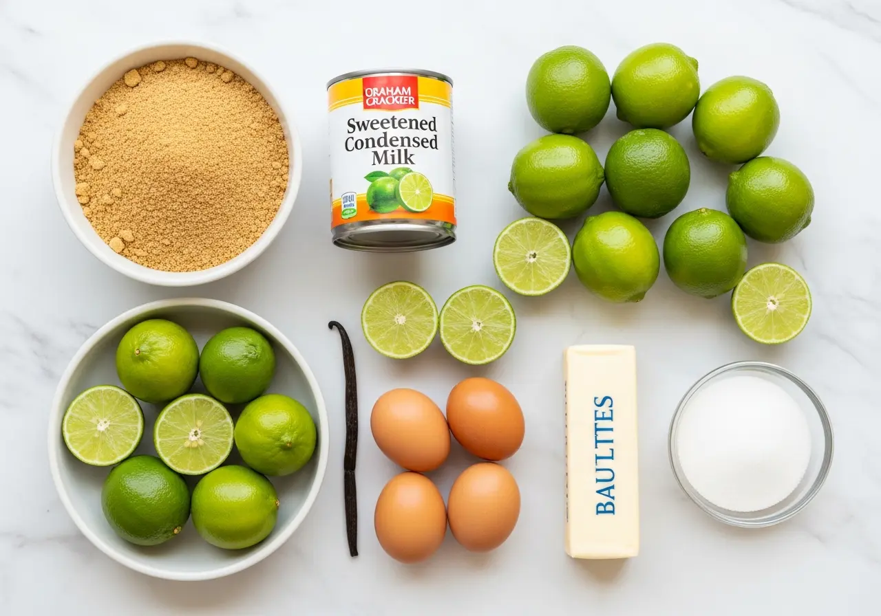 Fresh key limes, graham crackers, condensed milk, and eggs for making key lime pie.