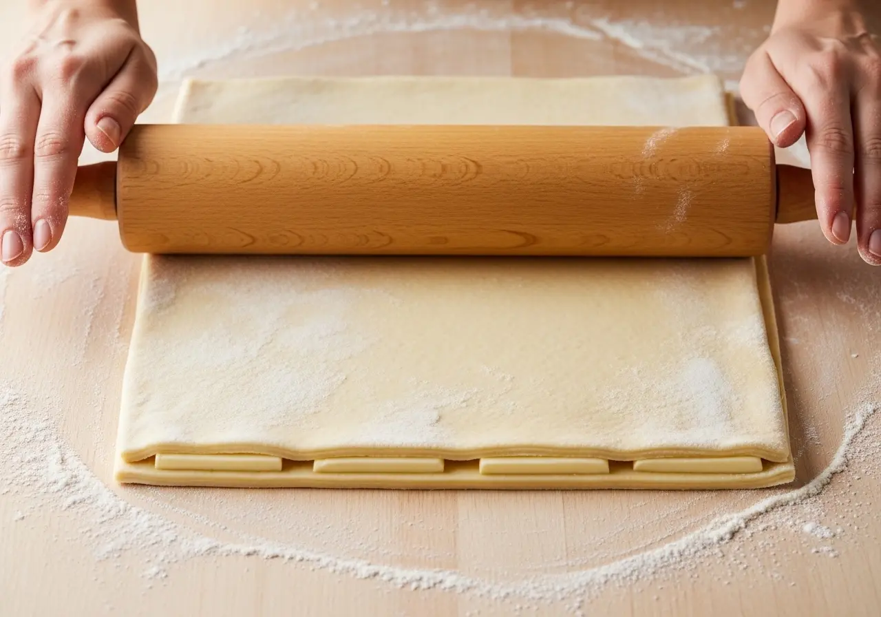 Hands rolling out laminated croissant dough on a floured surface, showing the butter layers inside the dough.