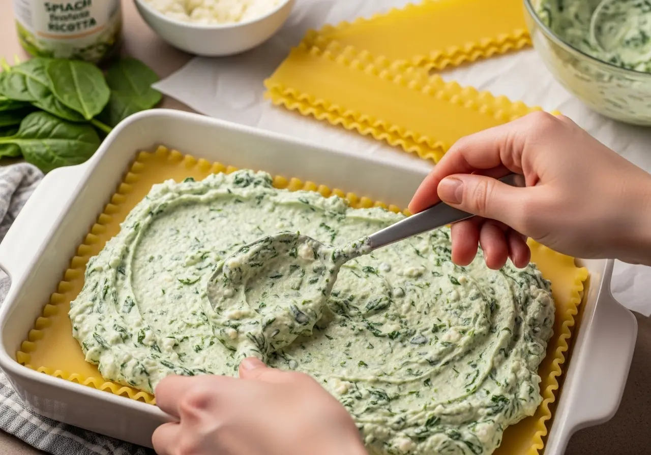 Hands layering creamy spinach ricotta sauce over lasagna noodles in a baking dish, a key step in preparing homemade lasagna.