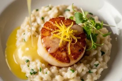 Close-up of a golden seared scallop on a creamy bed of Parmesan risotto with lemon butter sauce.