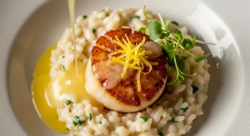 Close-up of a golden seared scallop on a creamy bed of Parmesan risotto with lemon butter sauce.