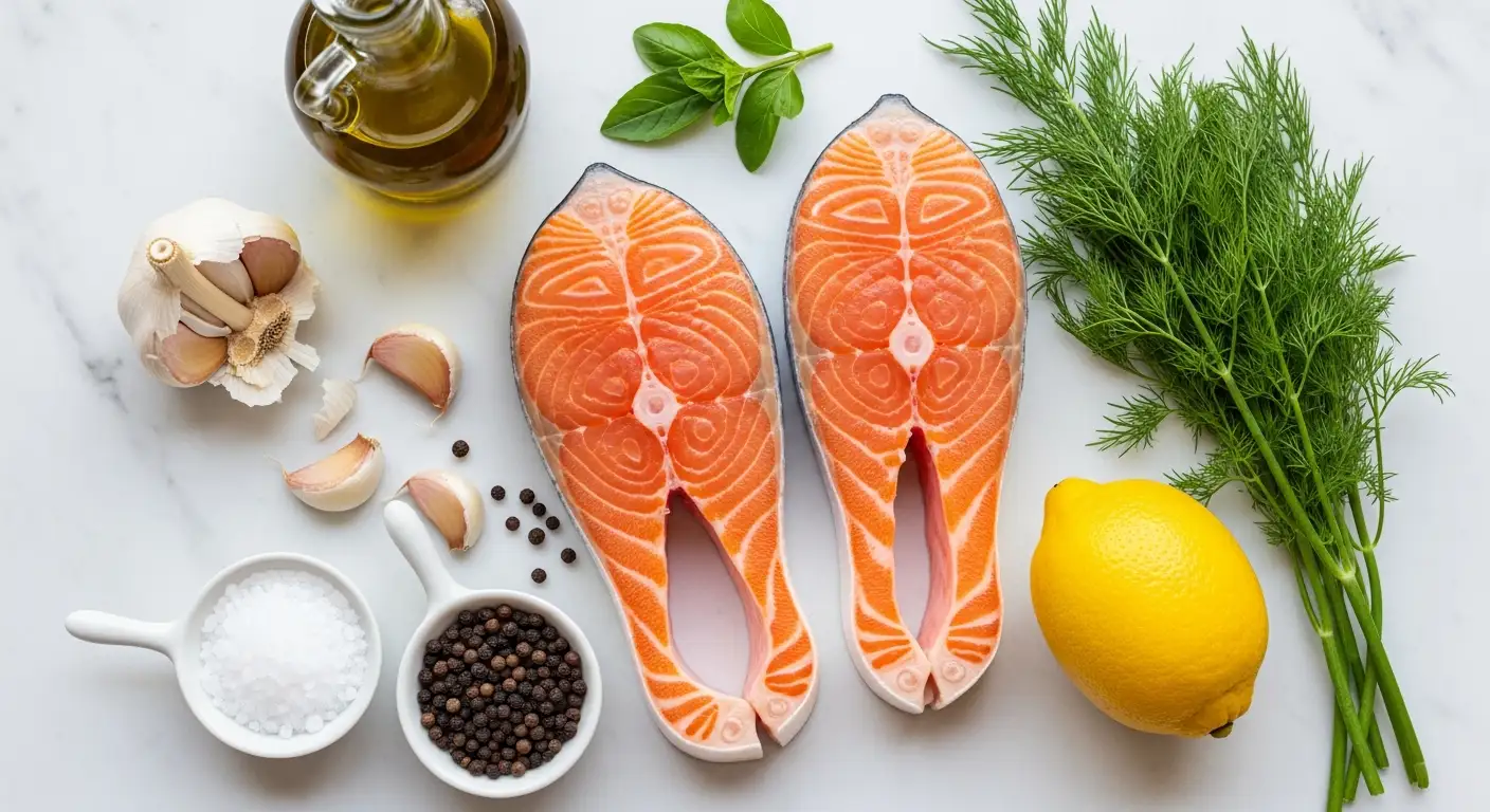 Fresh ingredients for baked salmon recipe: salmon fillets, lemon, dill, garlic, olive oil, salt, and pepper.