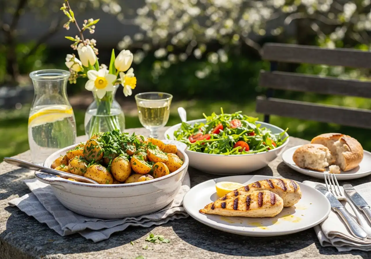 Bowl of lemon herb roasted potatoes served on a patio table with grilled chicken and a fresh salad.
