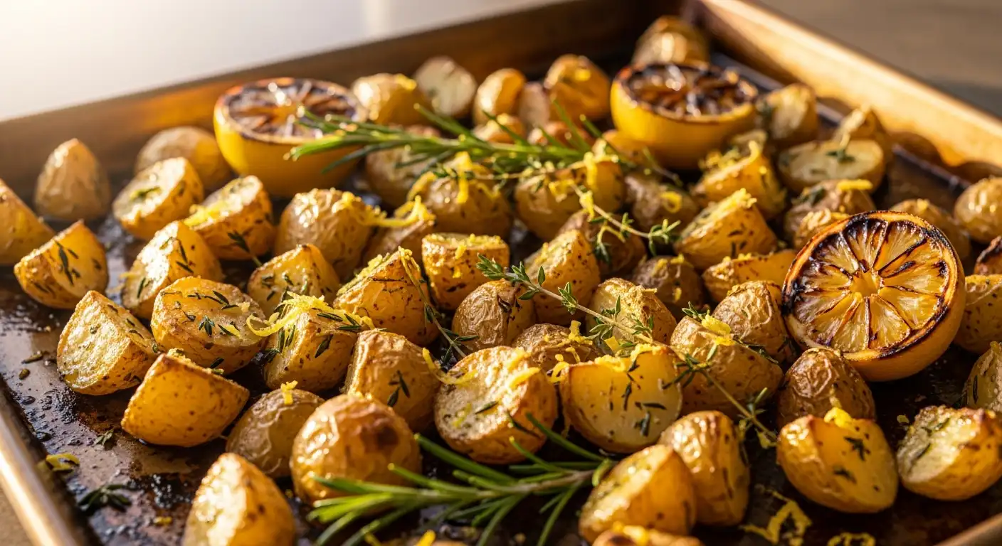 Close-up of golden, crispy roasted potatoes with fresh herbs and lemon on a baking sheet.