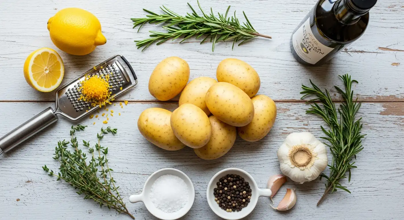 Fresh ingredients for roasted potatoes: potatoes, lemon, rosemary, thyme, garlic, and olive oil.