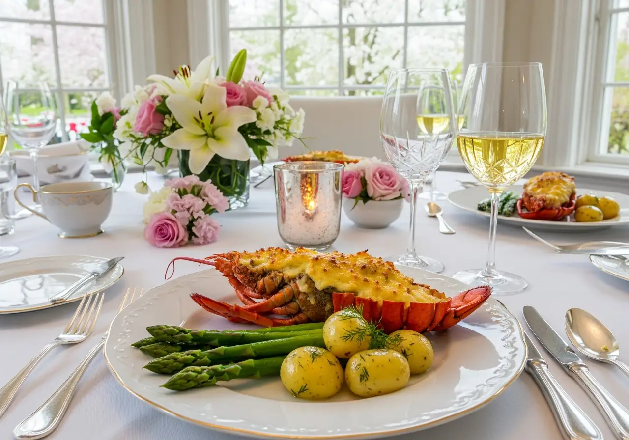 Sophisticated spring dinner plate featuring Lobster Thermidor with asparagus and potatoes.