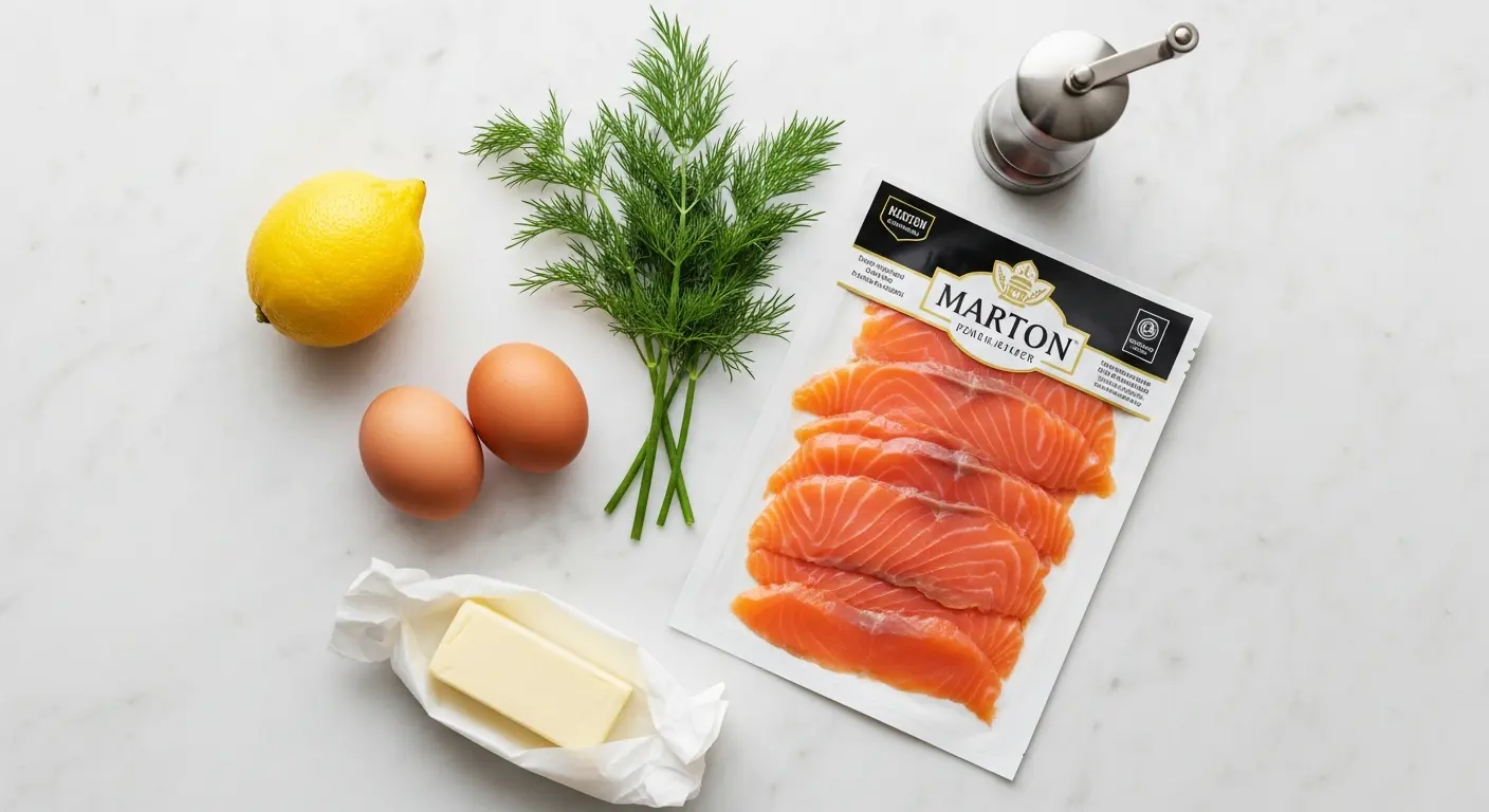 Ingredients for scrambled eggs with salmon: eggs, smoked salmon, dill, and lemon.