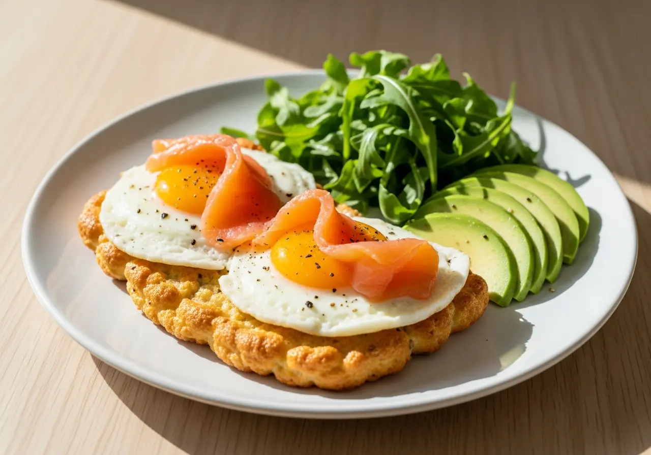 A breakfast plate of scrambled eggs with salmon on low-carb toast with a side salad.