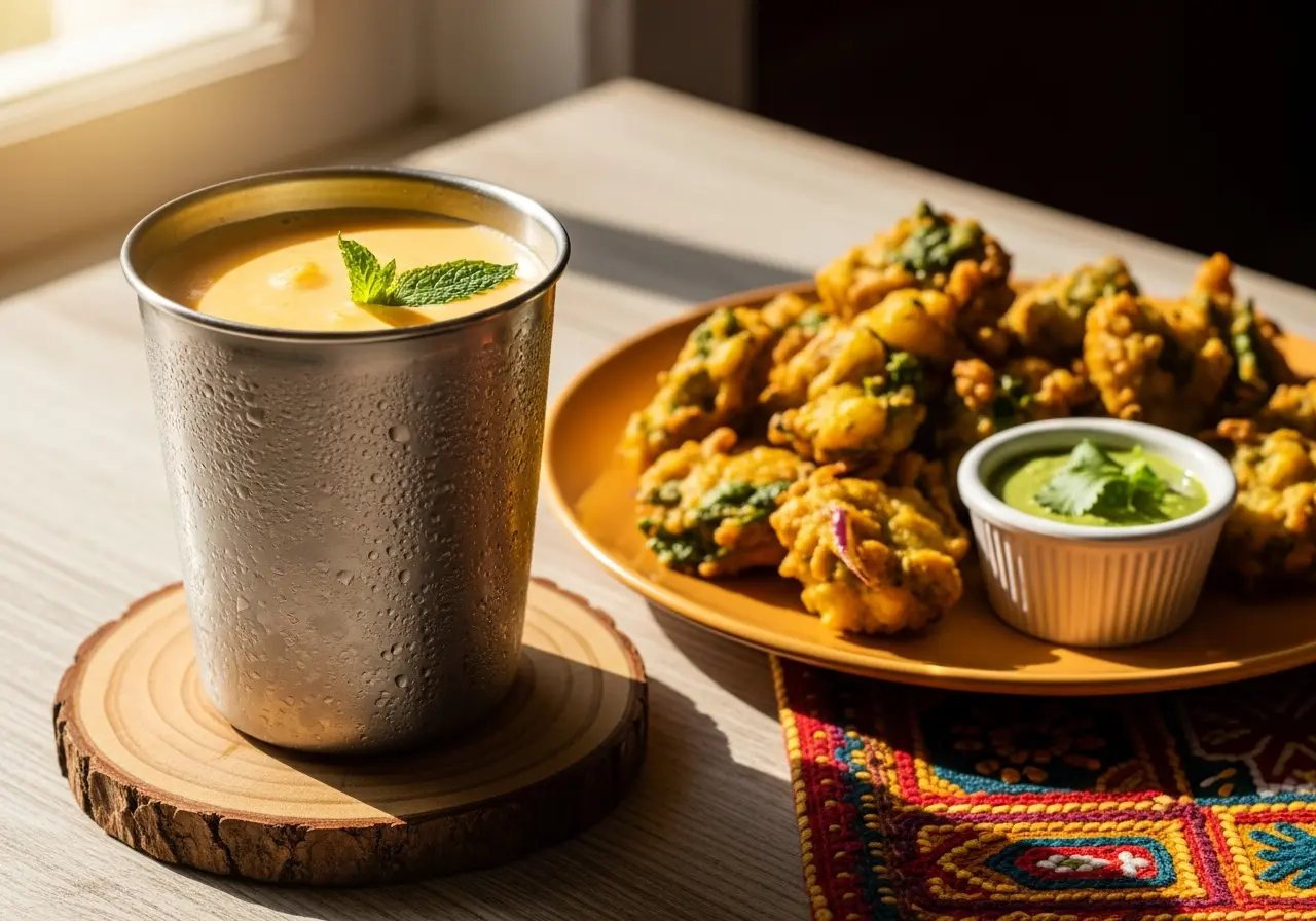 Cold mango lassi served in a metal cup next to a plate of hot, crispy vegetable pakoras and chutney.