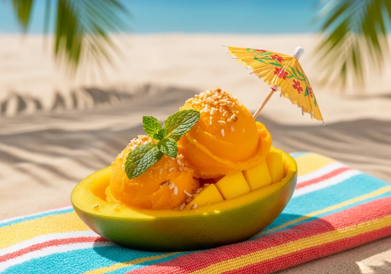 Scoop of mango sorbet served inside a hollowed mango half, garnished with coconut and mint for a tropical presentation.