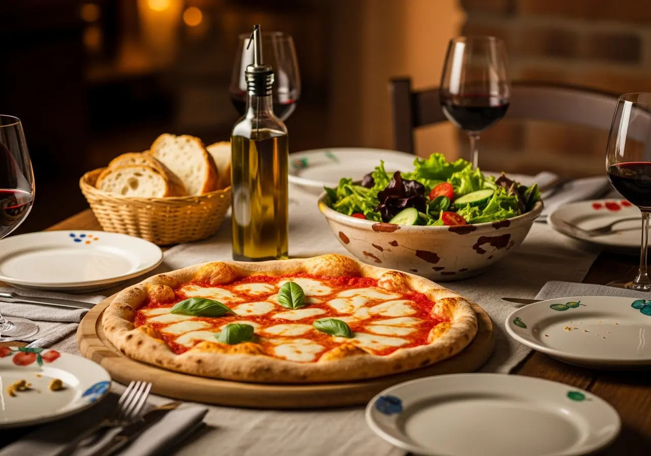 Whole Margherita pizza served on a wooden board with salad and olive oil for a family-style Italian meal.