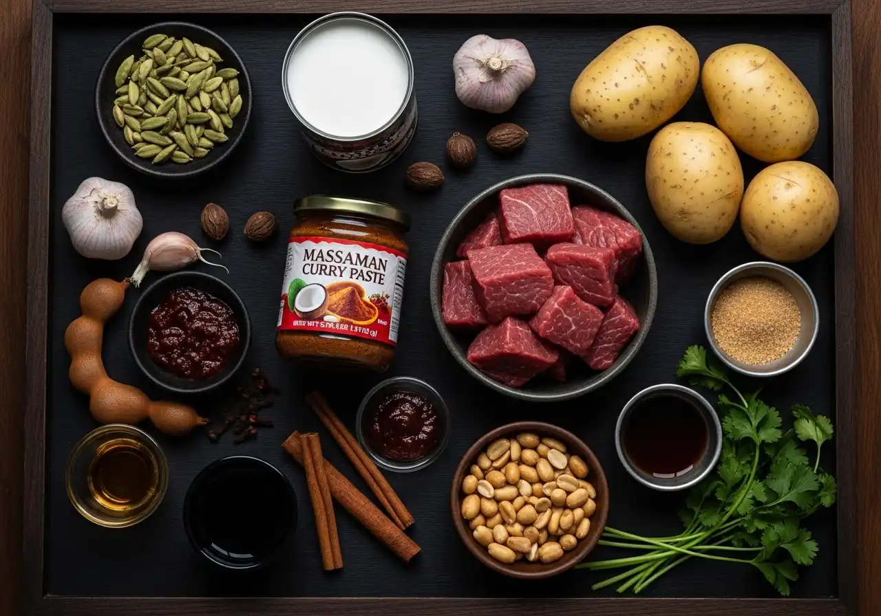 Key ingredients for Thai Massaman curry: beef chuck, coconut milk, Massaman curry paste, potatoes, peanuts, and whole spices.