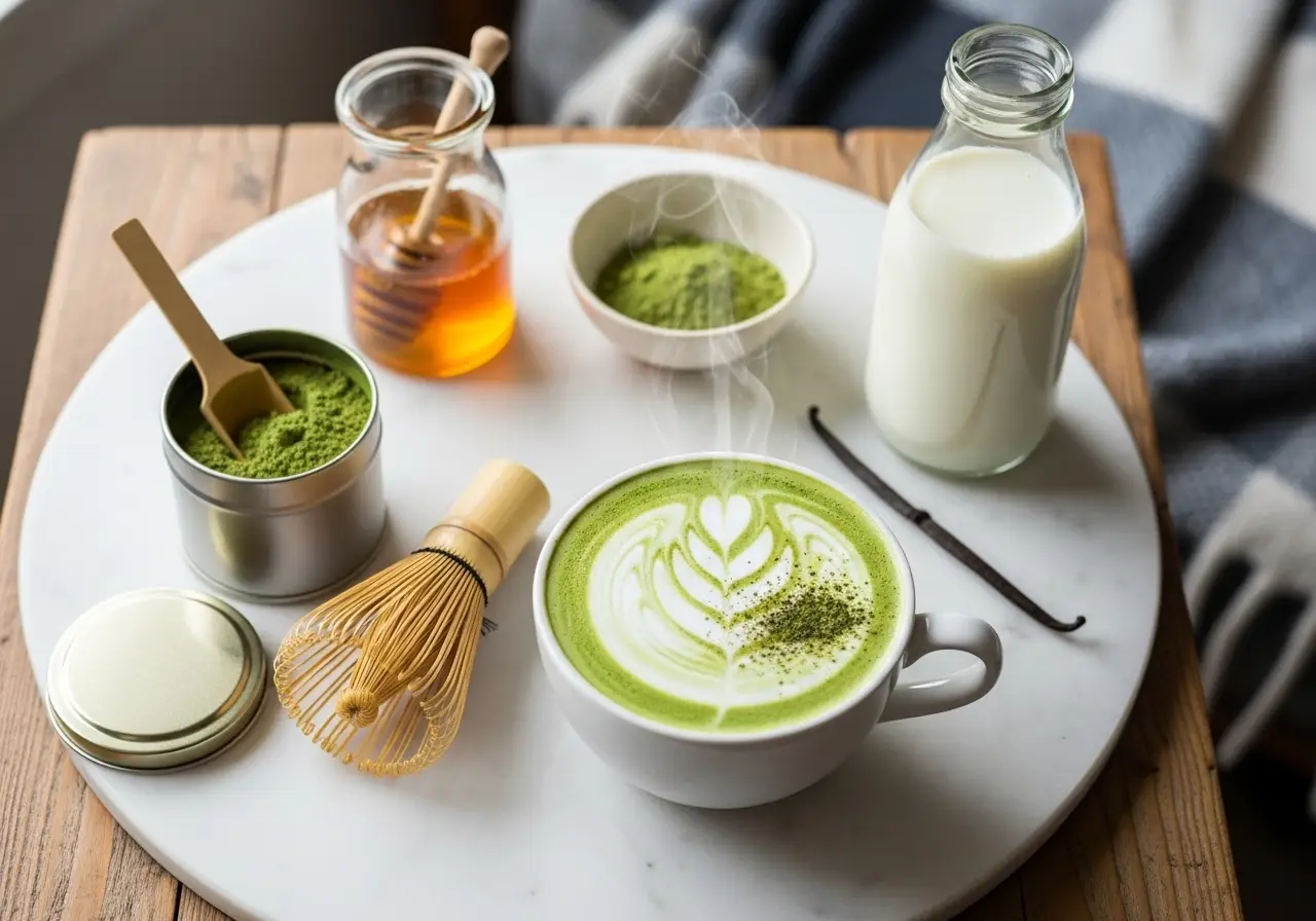 Ingredients for matcha latte: ceremonial matcha powder, bamboo whisk, milk, honey, and vanilla on a marble counter.