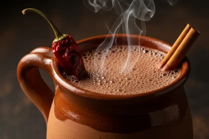Close-up of frothy Mexican hot chocolate with cinnamon and chili in a rustic mug.