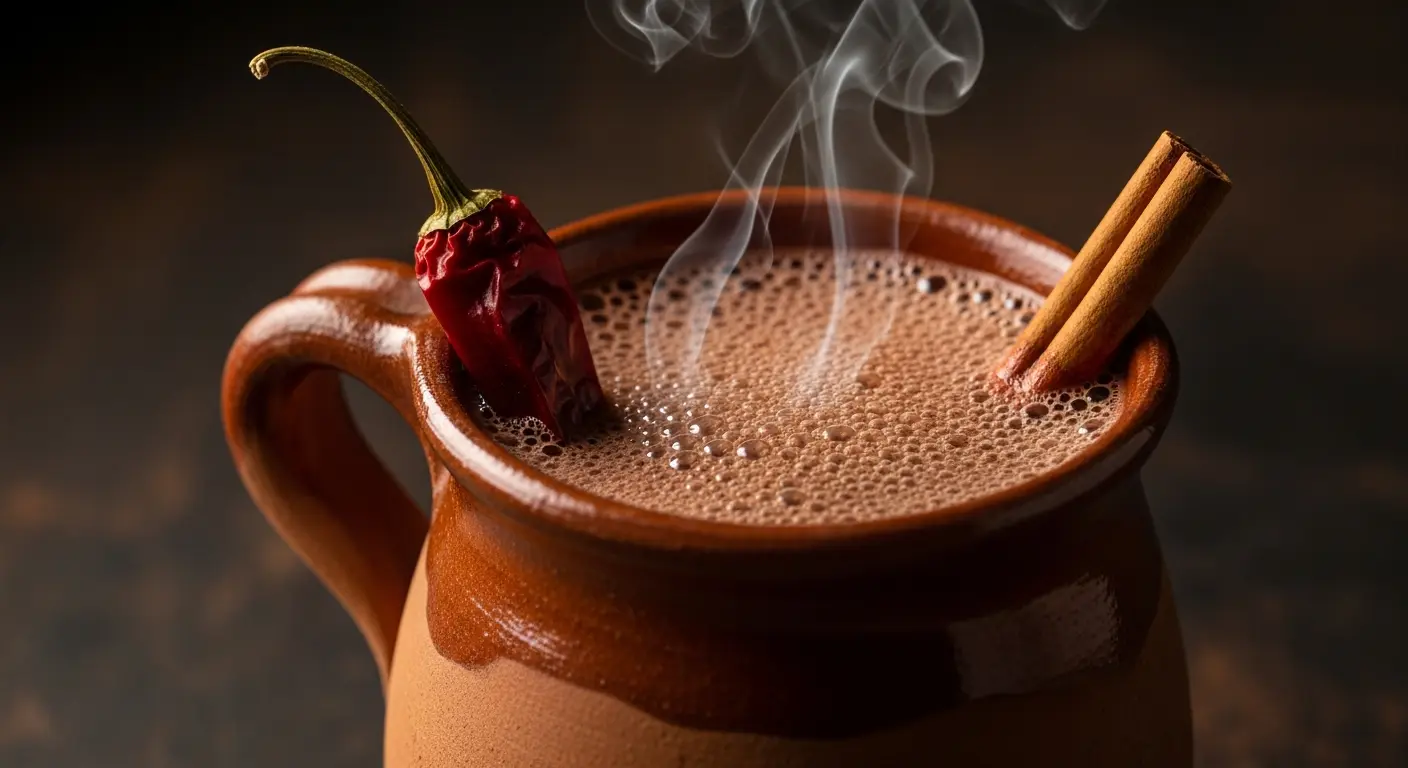 Close-up of frothy Mexican hot chocolate with cinnamon and chili in a rustic mug.